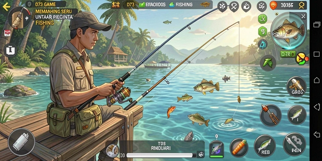 Gameplay D73 menampilkan pemain yang sedang memancing di lokasi indah dengan ikan yang beragam.