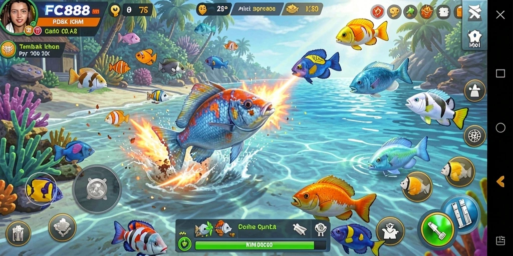 Screenshot gameplay FC888 yang menampilkan aksi menembak ikan.