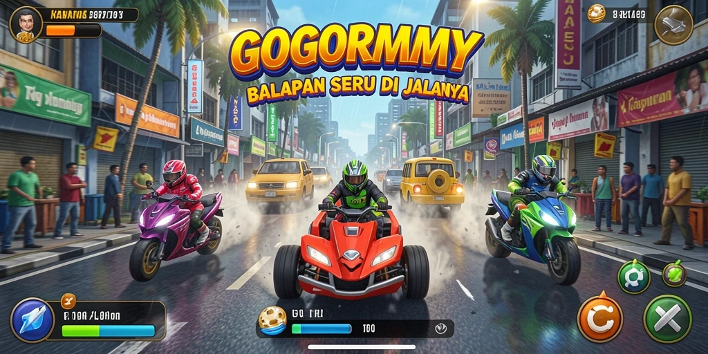 Tangkapan layar GOGORUMMY menampilkan aksi balapan seru di jalanan kota.