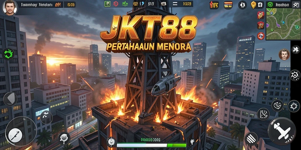 Screenshot utama JKT88 menampilkan aksi pertahanan menara yang mendebarkan.