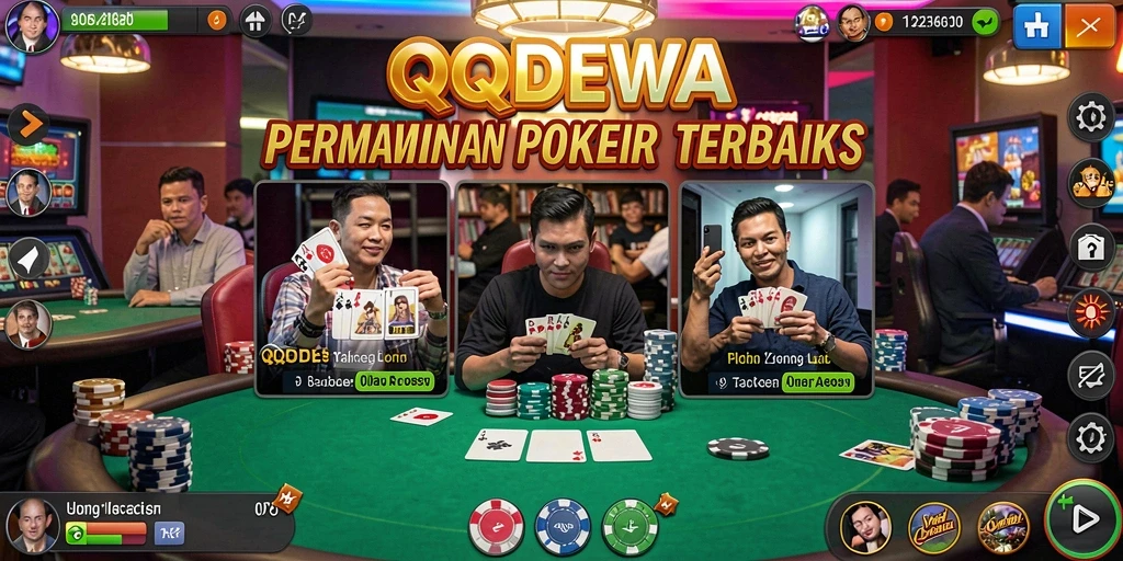 Screenshot menunjukkan gameplay seru dari QQDEWA dengan pemain berkompetisi di meja Poker.