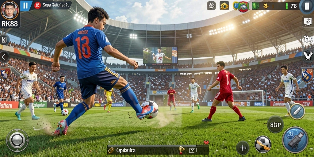 Tampilan gameplay RK88 yang mendebarkan di lapangan sepak bola.