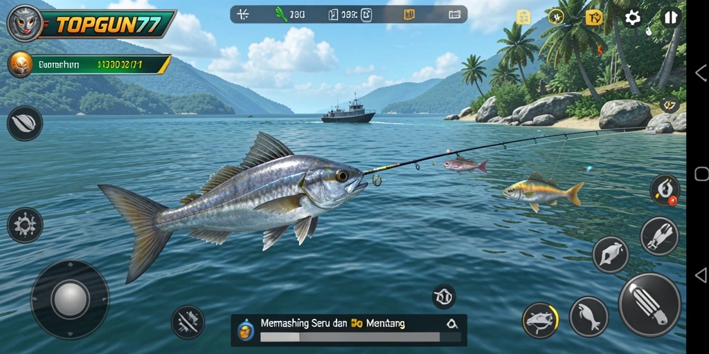 Screenshot gameplay <strong>TOPGUN77</strong> menampilkan keindahan memancing di lautan.