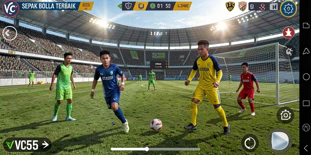 Gameplay menarik dalam VC55 yang menampilkan aksi sepak bola seru.